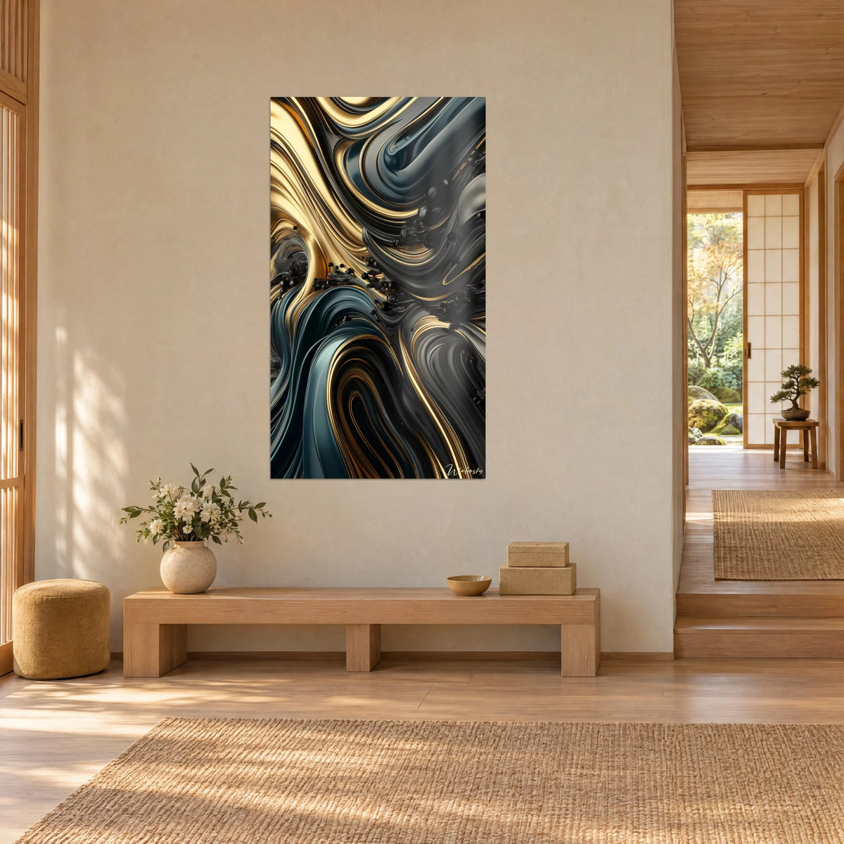Tableau abstraction liquide dorée, vagues noir charbon et vert sombre, perles d'encre, en trois-quarts dans un couloir japandi