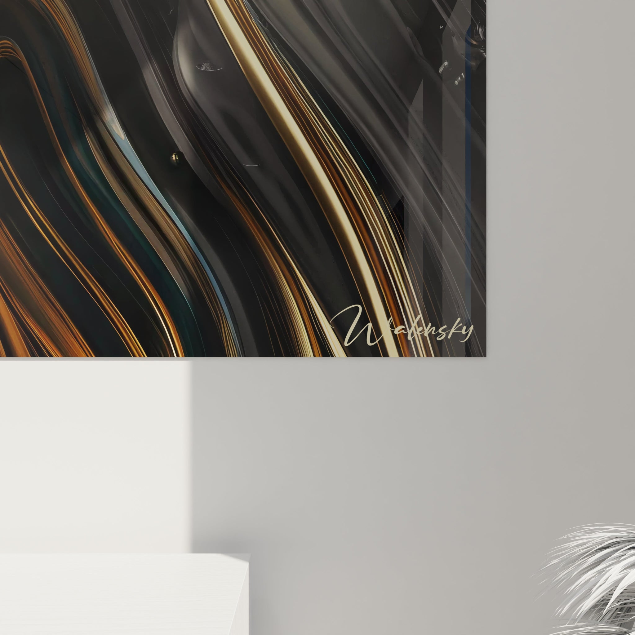 Tableau abstrait présentant des vagues sculptées aux allures de métal précieux. Gamme colorée de bleu marine, noir, gris métallisé et or éclatant. Texture ultra-lisse avec aspect liquide figé parsemé de sphères noir brillant. Motif de courbes et contre-courbes aux contours définis par des lignes dorées, créant un effet de mouvement et de profondeur luxueuse.
