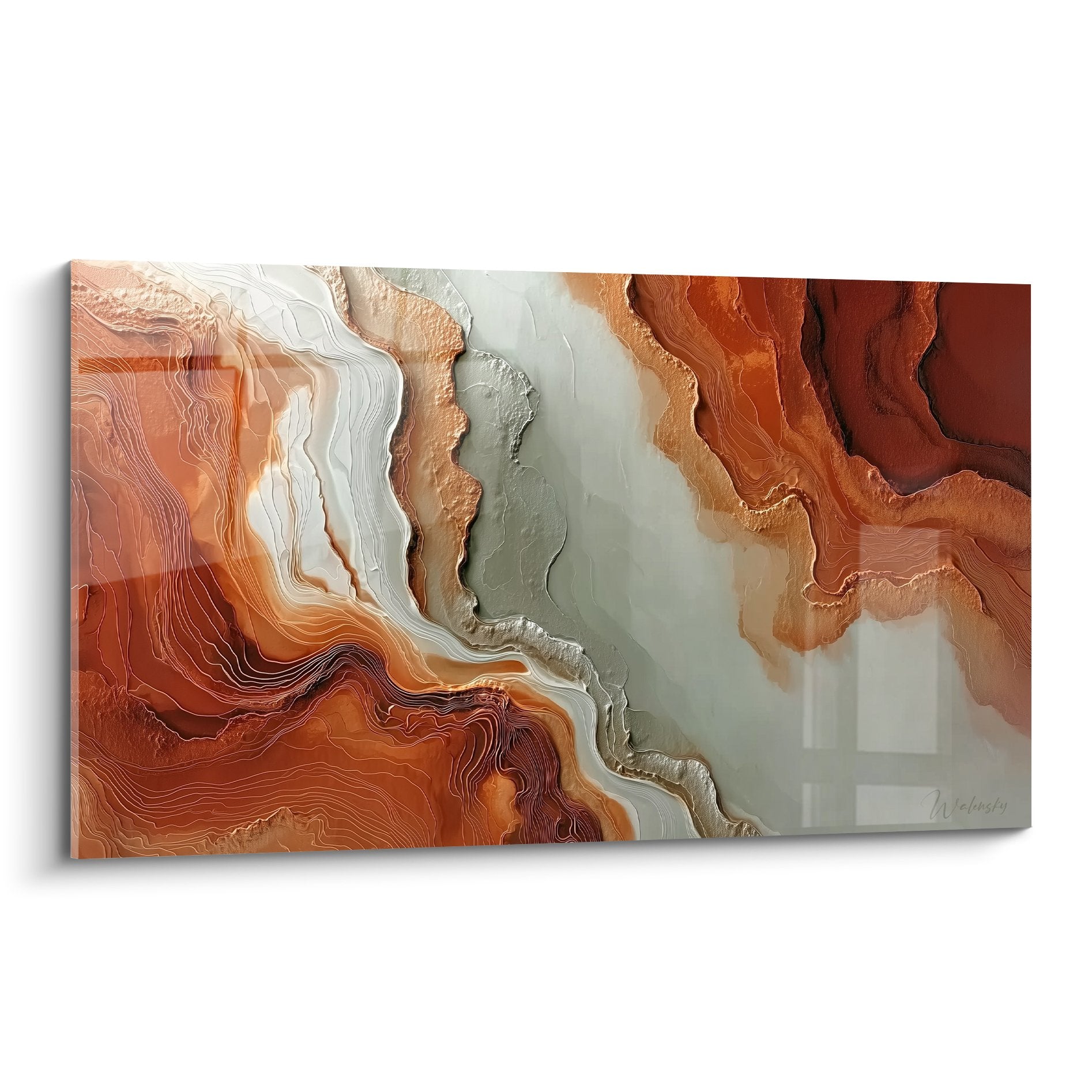 Tableau abstrait ondulations fluides orange terracotta gris nacré reflets cuivrés feng shui terre
