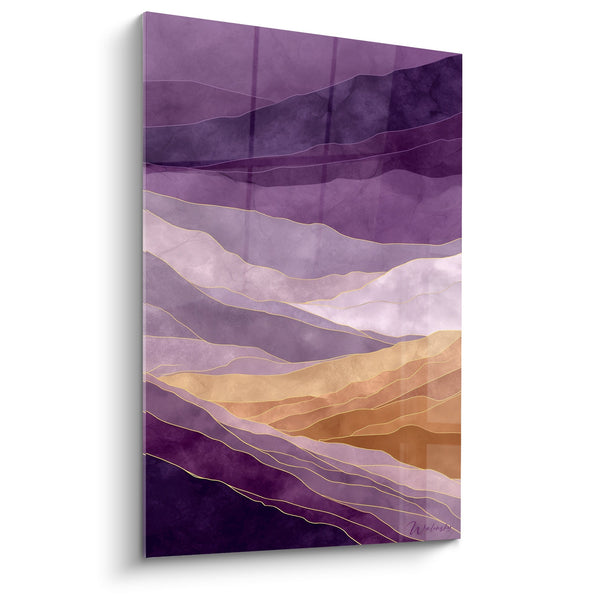 Tableau paysage abstrait aux ondulations violettes et dorées - Harmonie Améthyste - Edition Feng shui Sud-Est Bois