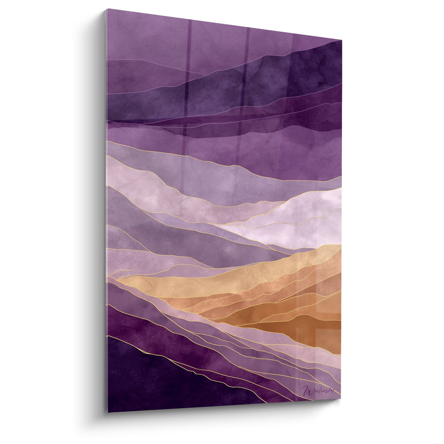 Tableau paysage abstrait aux ondulations violettes et dorées - Harmonie Améthyste - Edition Feng shui Sud-Est Bois