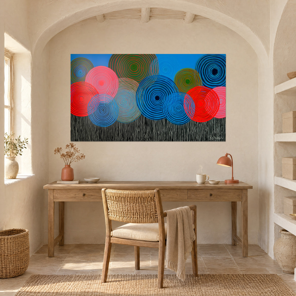 Cuadro con pulsaciones retinianas en rojo, rosa y azul sobre trazos ondulados negros y blancos, encima de un escritorio de madera clara