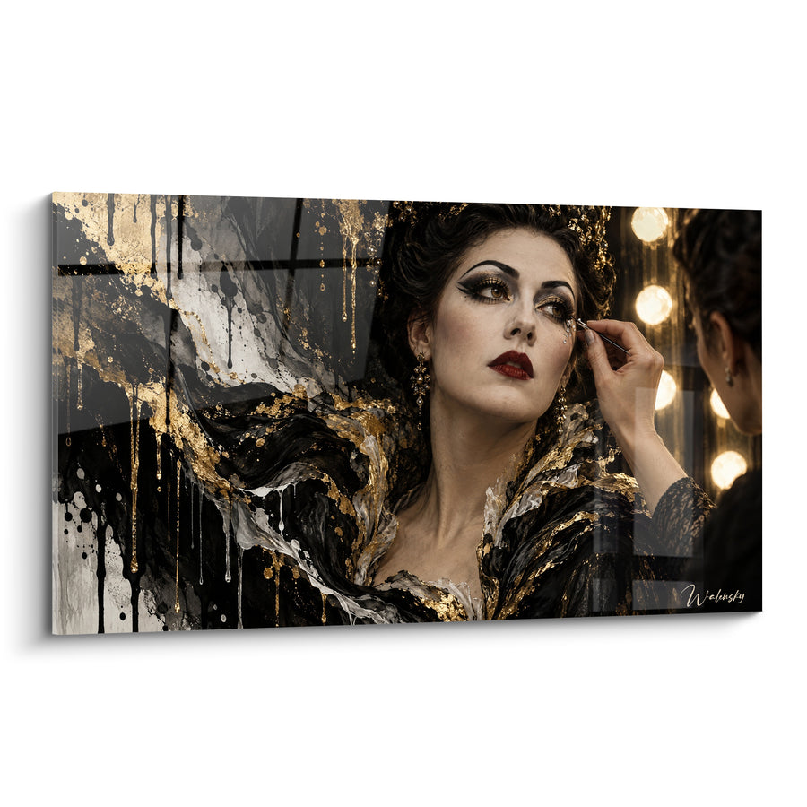 Tableau Cantatrice en robe noire et dorée au pinceau de maquillage - Ampoules rondes de loge - Edition Opéra