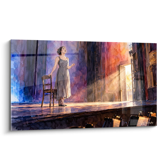 Tableau Cantatrice sur scène aux lumières bleu et doré - Répétition solitaire - Edition Opéra