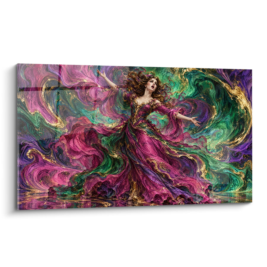 Tableau Cantatrice en robe magenta et émeraude tourbillonnante - Reflet au sol liquide - Edition Opéra