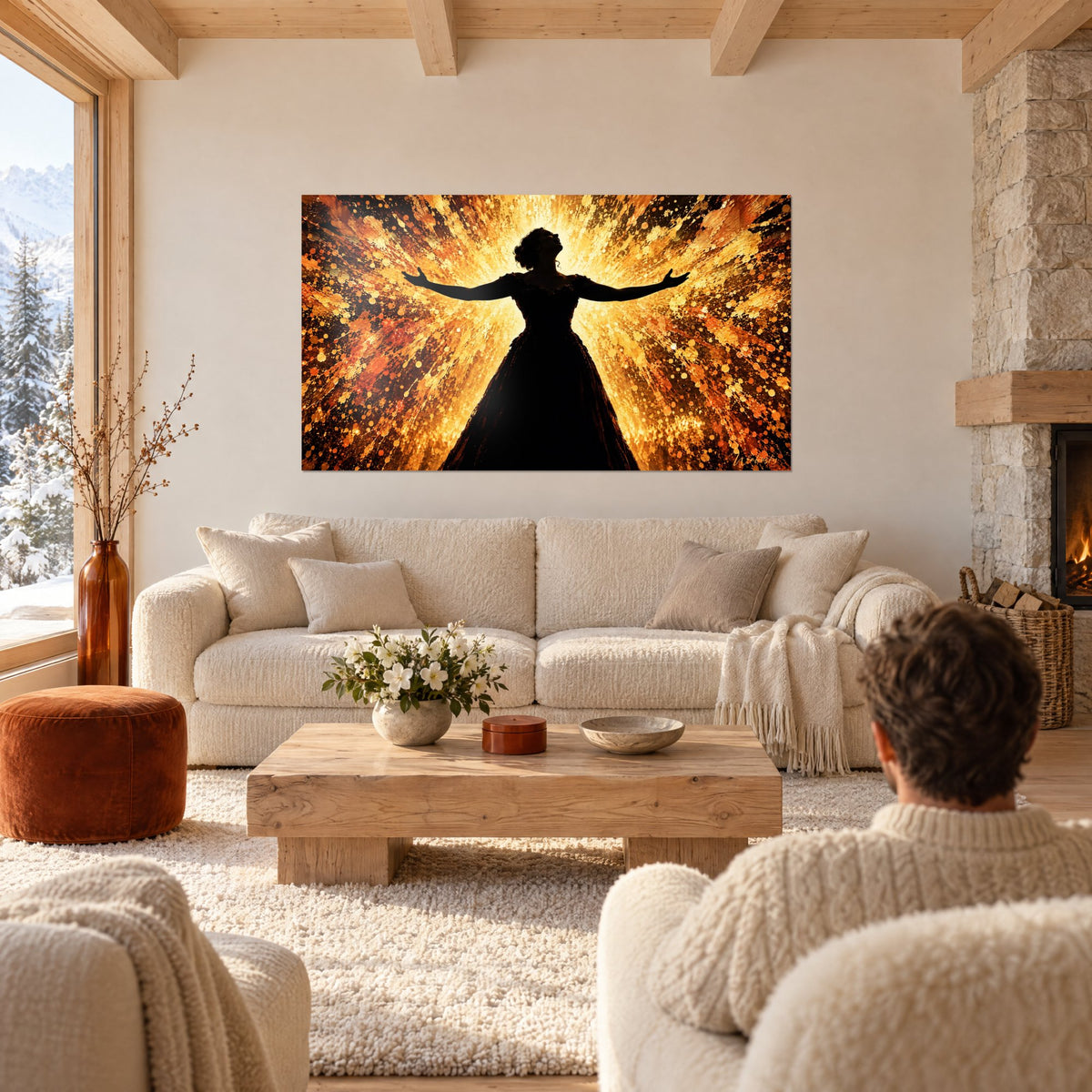 Tableau cantatrice en robe noire, bras ouverts sur un jaillissement doré et orange, au-dessus d'un canapé dans un salon lumineux