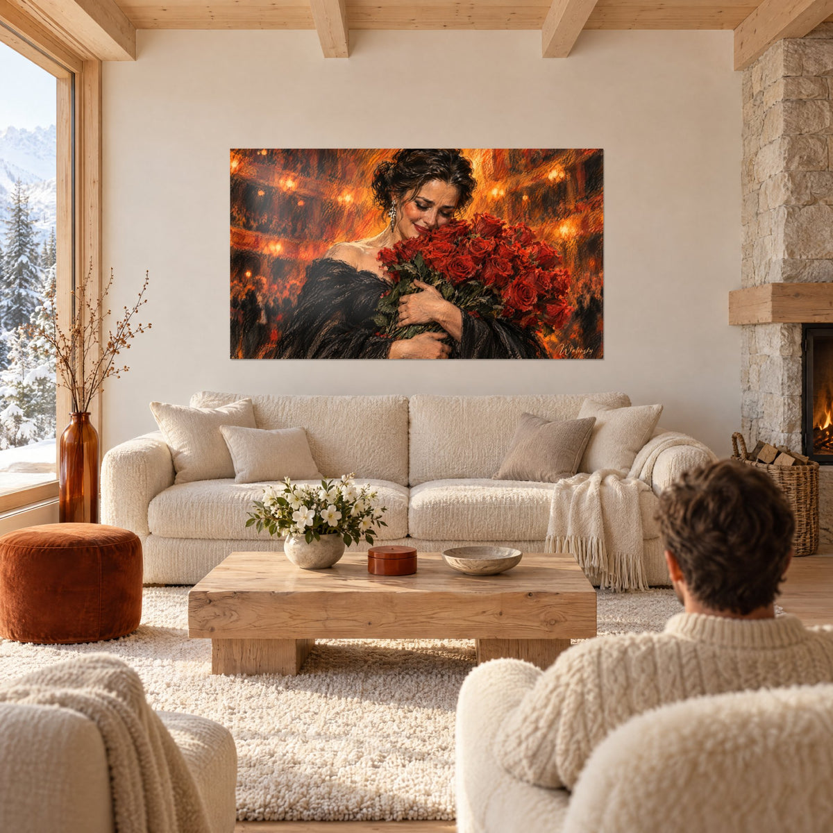 Tableau cantatrice en robe noire serrant des roses rouges, loges orangées de l'opéra, au-dessus d'un canapé dans un salon lumineux