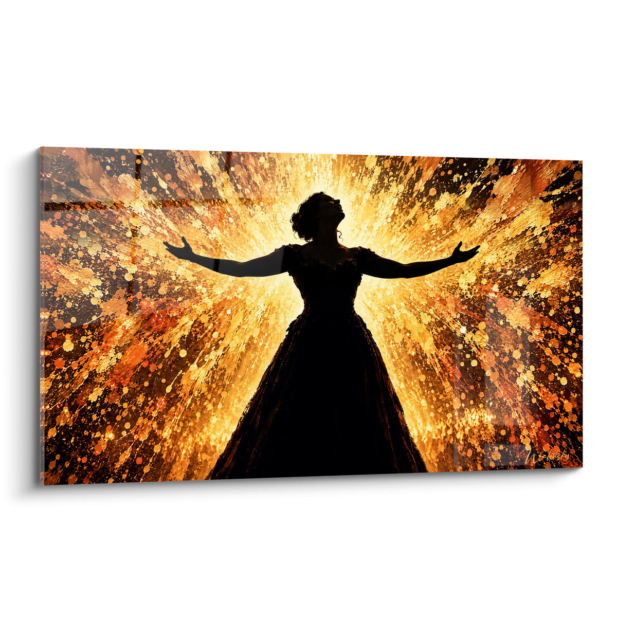 Tableau cantatrice bras ouverts, silhouette noire sur explosion dorée et ambrée éclatante