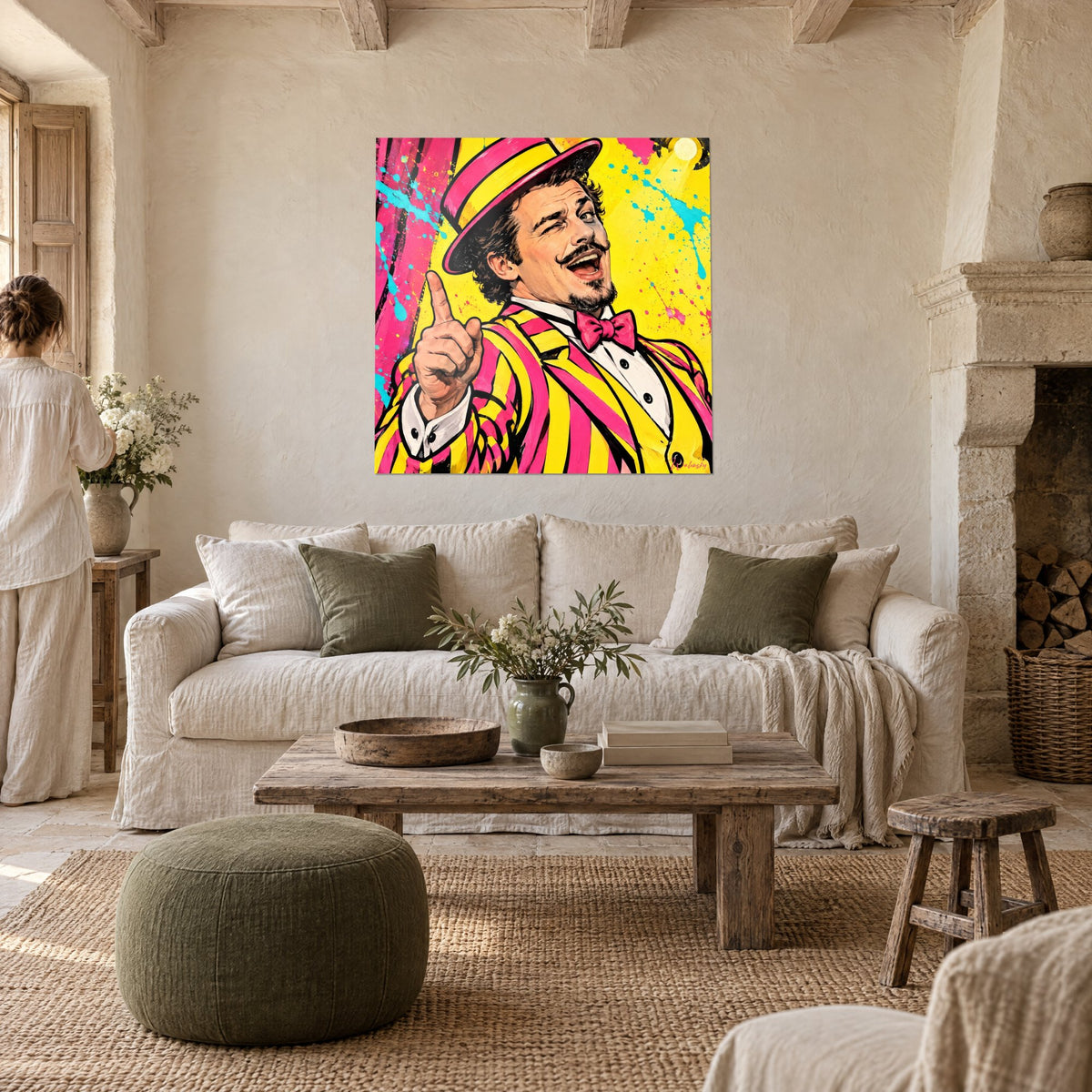 Tableau chanteur moustachu au clin d'œil, costume rayé rose et jaune, éclaboussures turquoise, au-dessus d'un canapé dans un salon lumineux