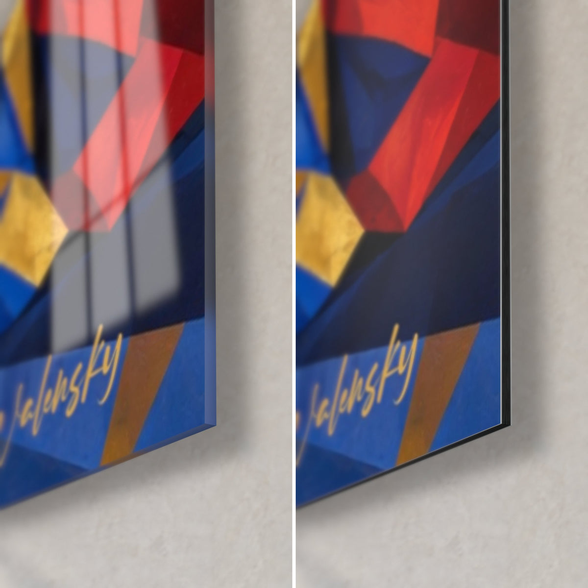 Tableau duo lyrique, coin bas droit : signature dorée sur facettes bleu roi et orangées, verre brillant à reflets, Dibond mat, tranche 3 mm