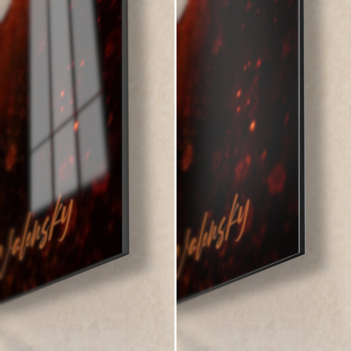 Tableau fosse d'orchestre rouge sombre et or, coin bas droit : verre acrylique brillant à gauche, alu Dibond mat à droite, tranche de 3 mm