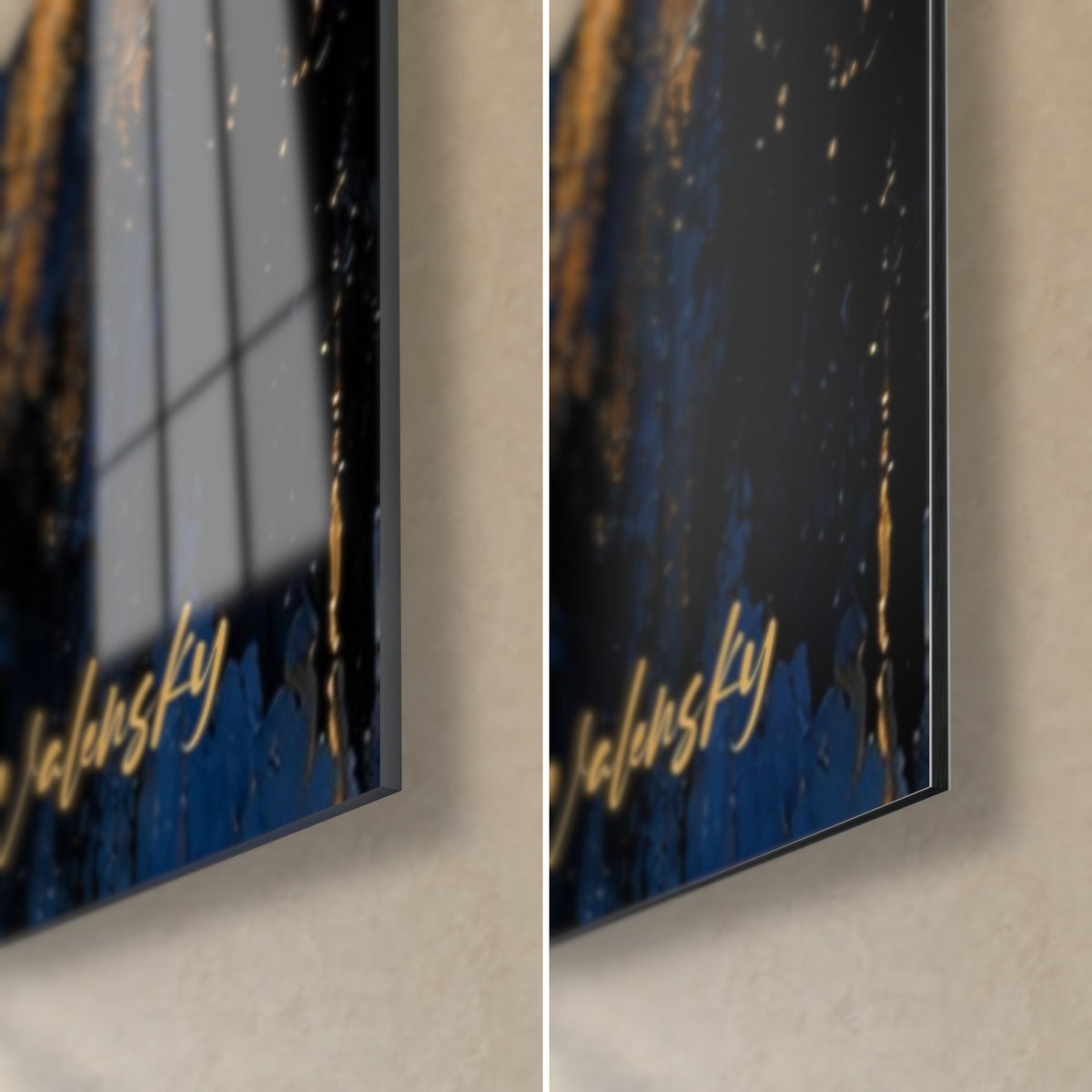 Tableau chef d'orchestre noir et or, coin bas droit : verre acrylique brillant à gauche, alu Dibond mat à droite, tranche fine