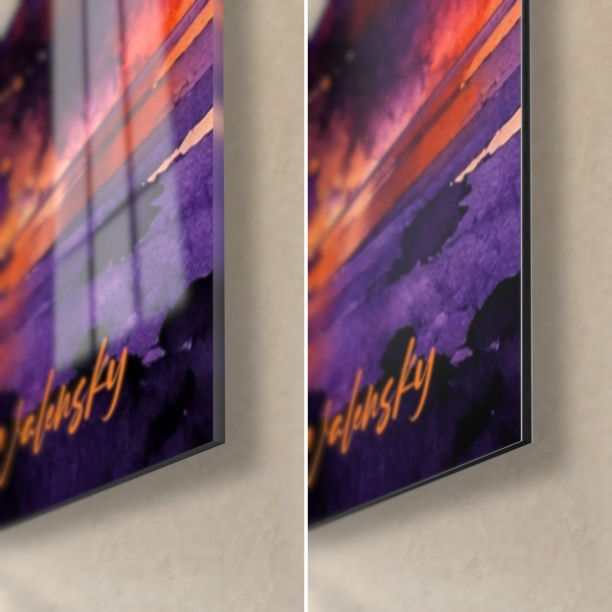 Tableau cantatrice au halo jaune, coin bas droit : verre acrylique brillant à reflets et Dibond mat violet, tranche de 3 mm
