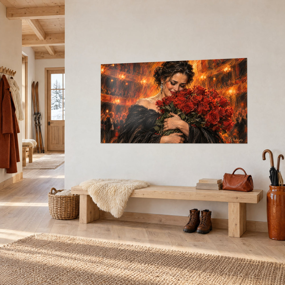 Tableau diva aux larmes de joie, bouquet de roses écarlates et lustres ambrés, sur un mur blanc de chalet en bois clair