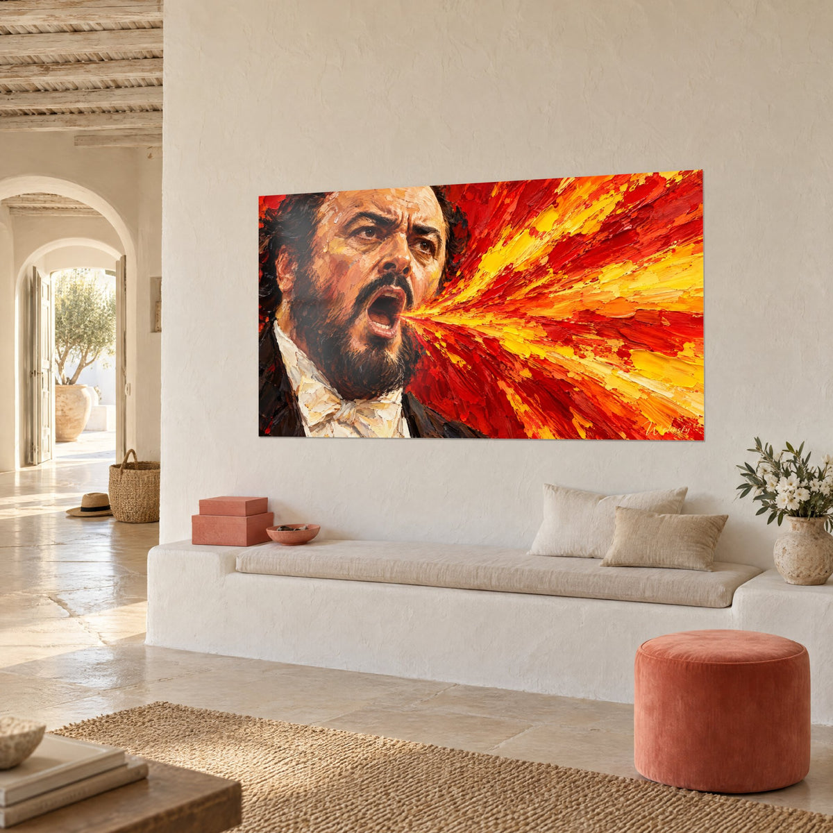 Tableau portrait d'un ténor à la barbe noire, éruption orange et rouge à la peinture épaisse, banquette blanche, maison méditerranéenne