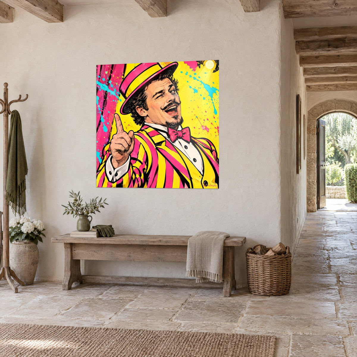Tableau artiste en haut-de-forme rose et jaune, doigt levé, nœud papillon fuchsia, fond jaune éclaboussé, couloir en pierre voûté