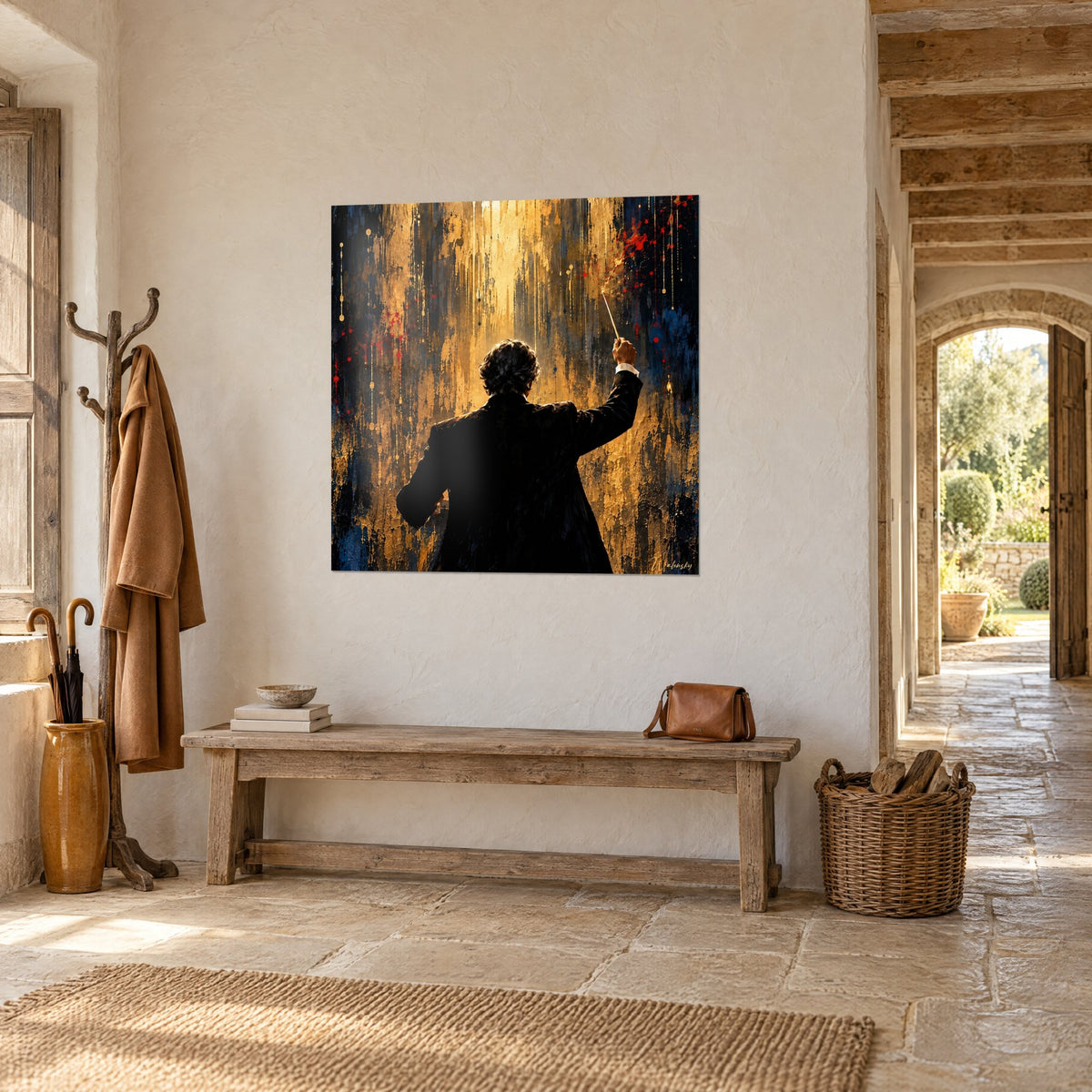 Tableau silhouette noire de maestro bras dressé, coulures or et bleu nuit, éclats rouges, sur un mur en pierre près d'une arche