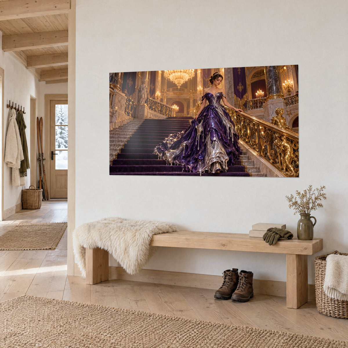Schilderij prinses in paars en zilver gala-outfit die een operatrap afdaalt, met versierde gouden leuning, in de lichte hal van een chalet