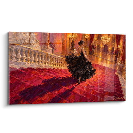Tableau Femme en robe noire sur escalier rouge - Descente de bal - Edition Opéra