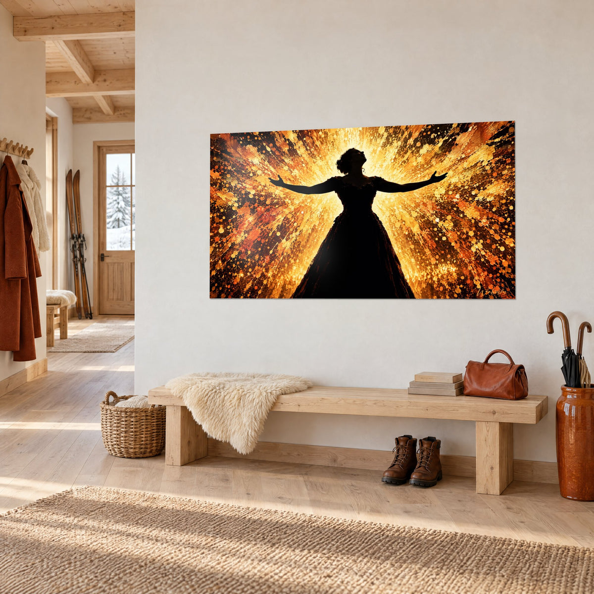 Tableau silhouette d'opéra aux mains tendues, éclats ocre et noir profond, accroché dans l'entrée en bois clair du chalet