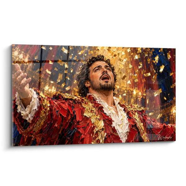 Tableau Ténor barbu veste rouge et dorée bras tendu - Confettis dorés en pluie - Edition Opéra