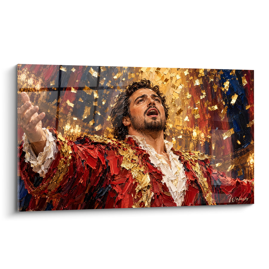 Tableau Ténor barbu veste rouge et dorée bras tendu - Confettis dorés en pluie - Edition Opéra