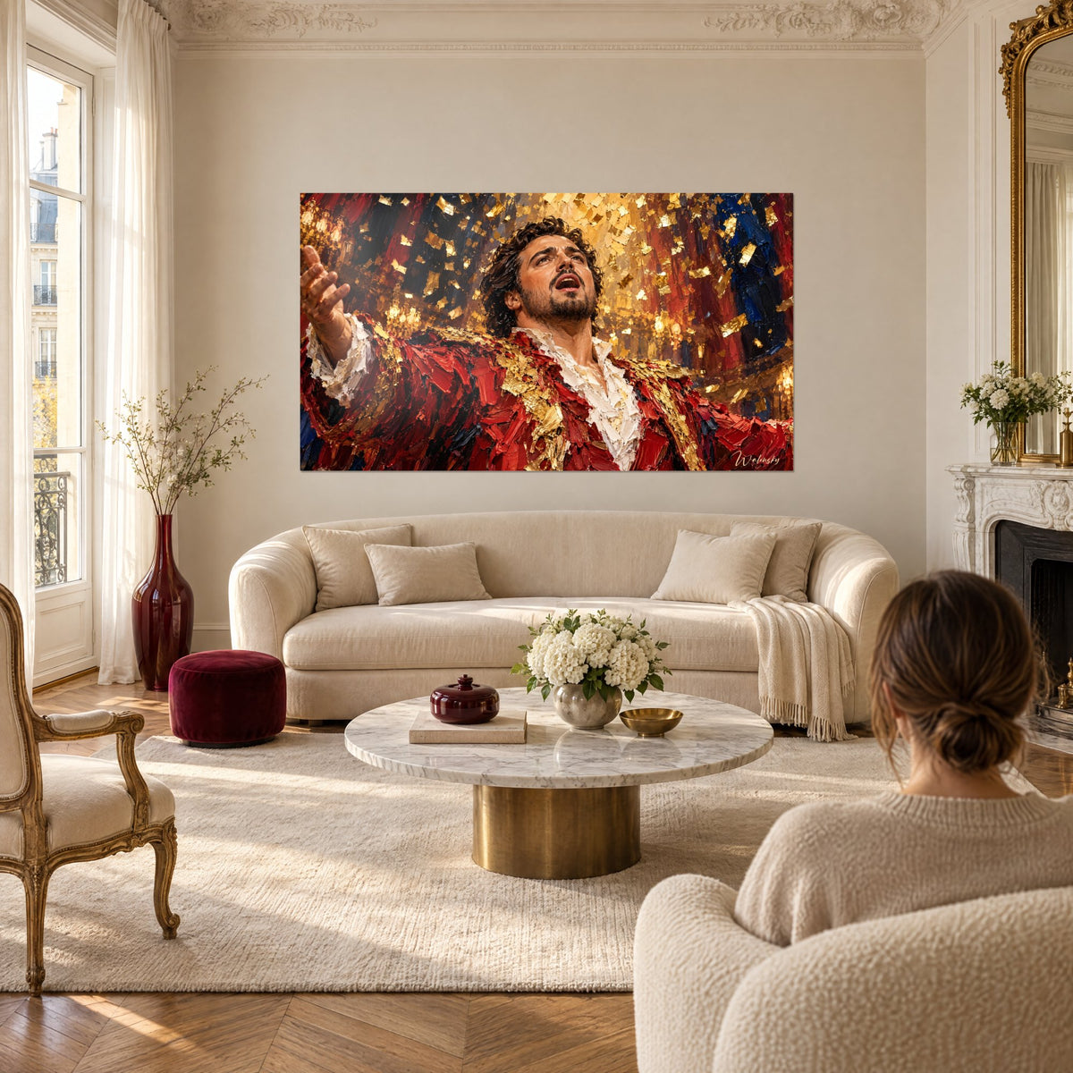 Tableau chanteur d'opéra barbu, veste rouge carmin et or, bras tendu sous des confettis dorés, au-dessus d'un canapé dans un salon lumineux