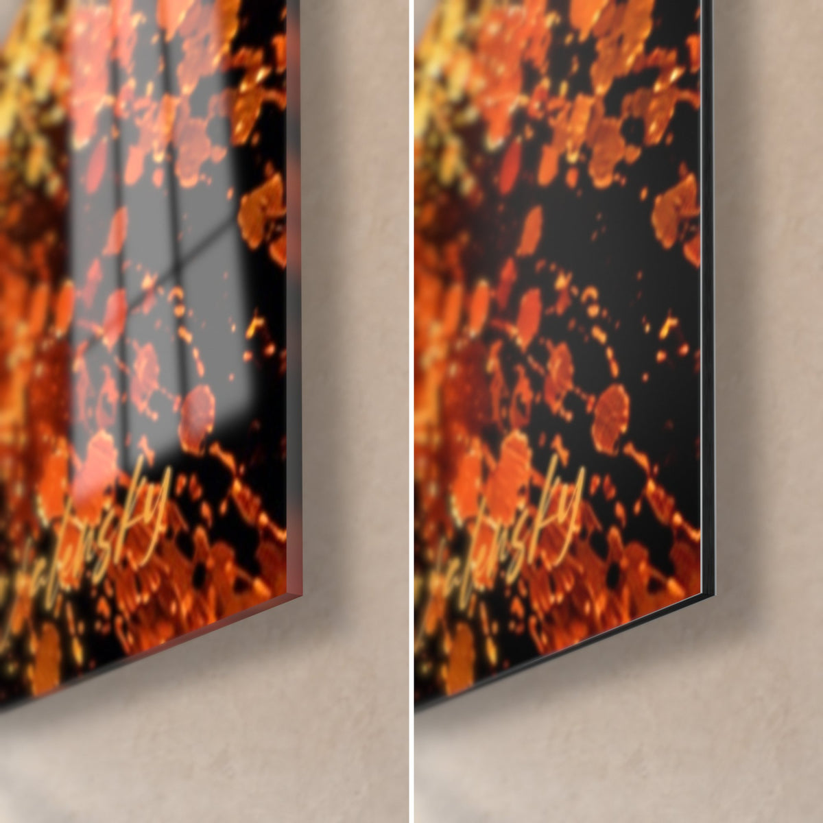 Tableau diva sombre sur gerbe d'or, coin bas droit : verre acrylique brillant aux reflets, alu Dibond mat noir, tranche 3 mm