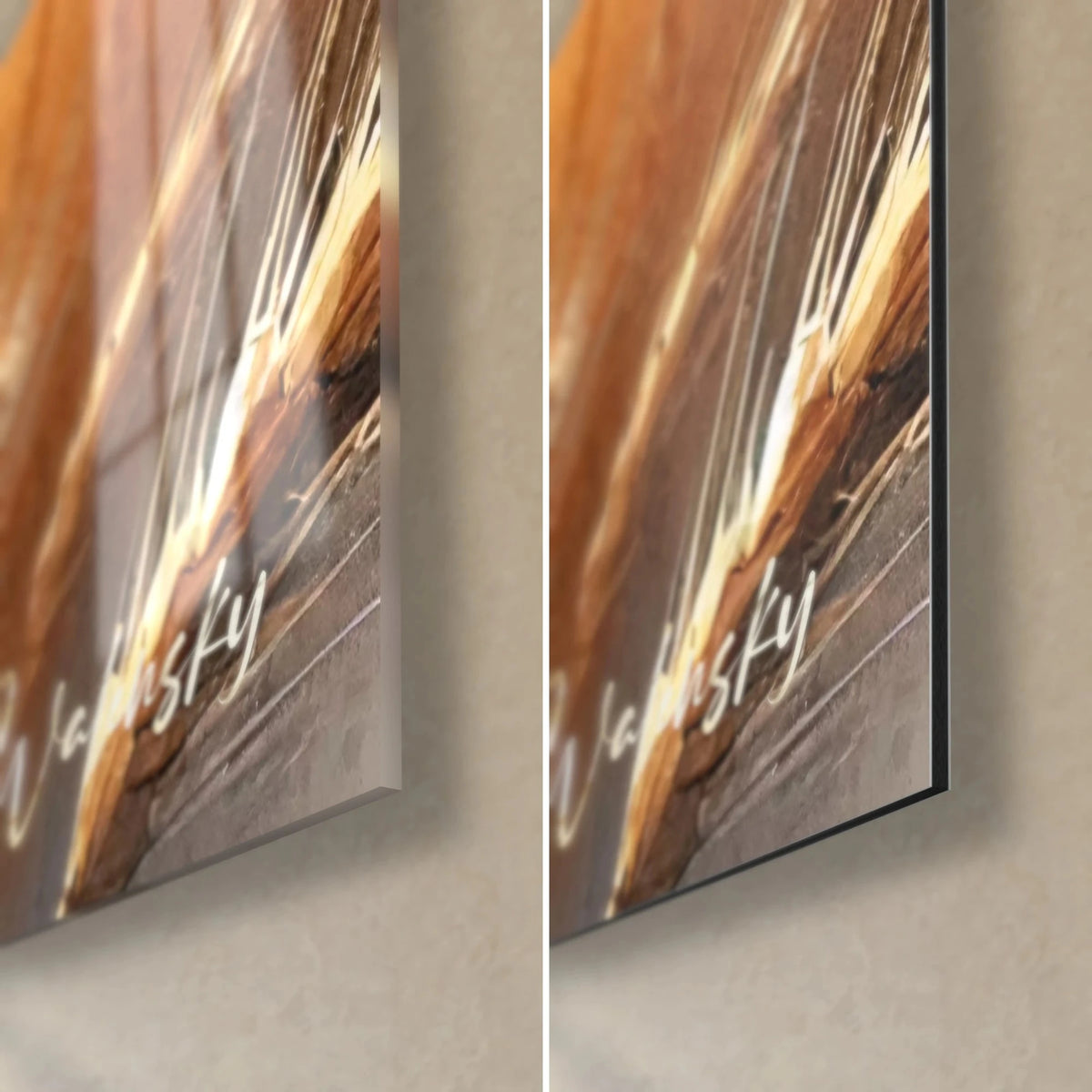 Schilderij koperkleurige korenaren, rechter onderhoek: glanzend acrylglas links, mat Dibond-aluminium rechts, 3 mm rand