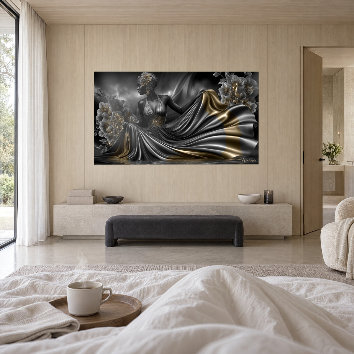 Cuadro orquídeas grises de corazones dorados y mujer envuelta en seda metálica negra, encima de una cama en un dormitorio luminoso