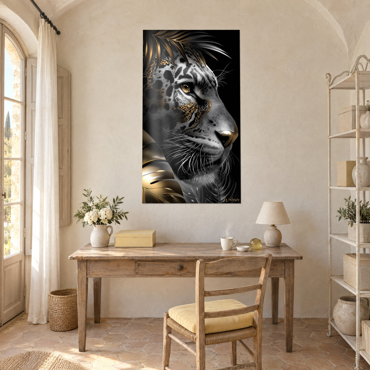 Wall art large wild cat, piercing amber eye and gold palms on black background, hung above a light wood desk
