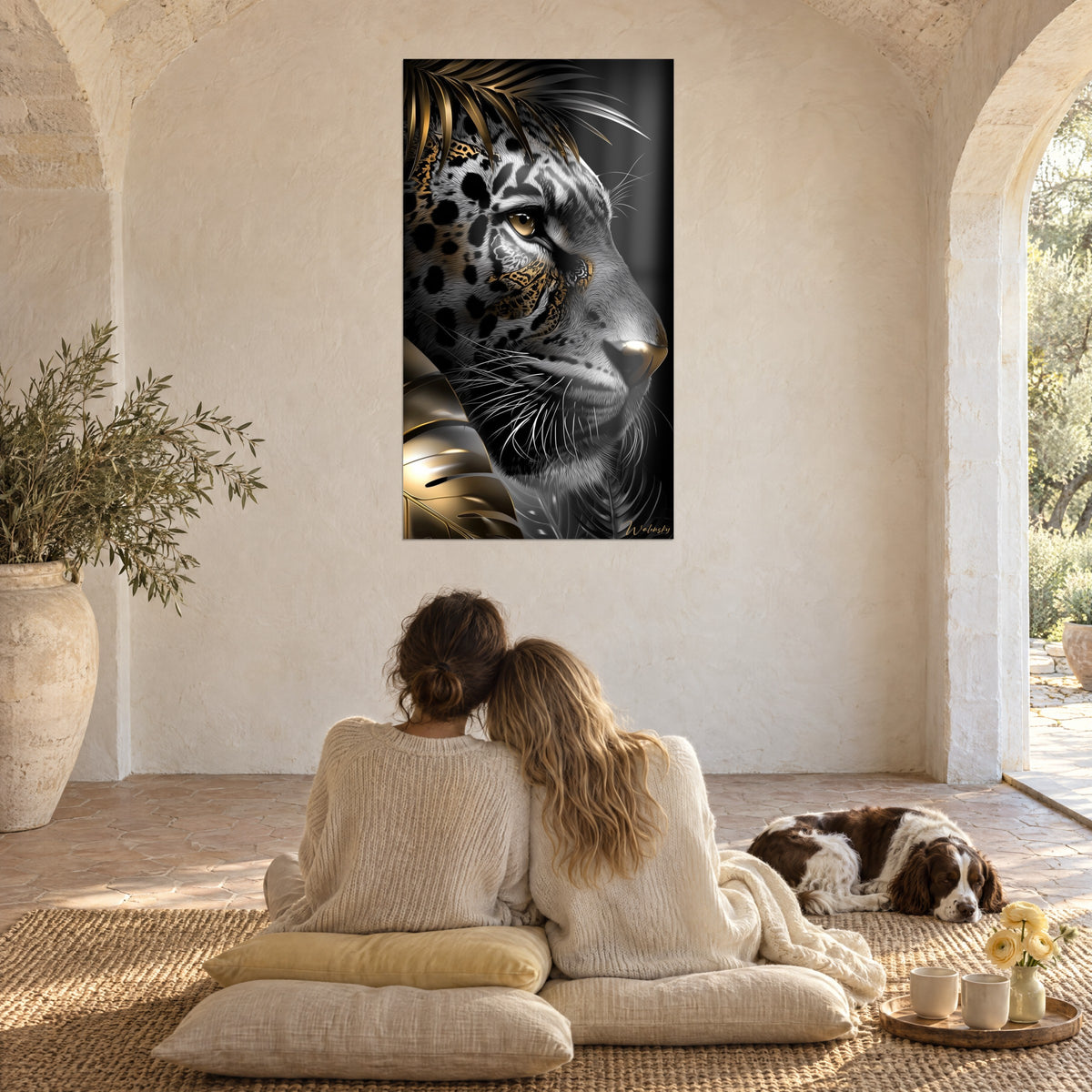 Wall art black leopard in profile, silver grey and gold, in front of an embracing couple on cushions and a spaniel lying on a woven rug