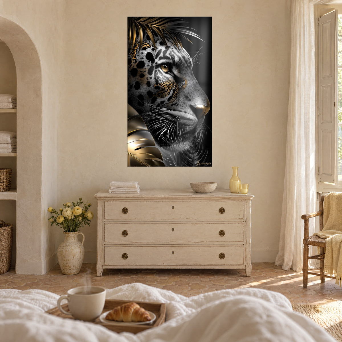 Wall art panther with white whiskers, grey muzzle and gold foliage on black background, above a bed in a light bedroom