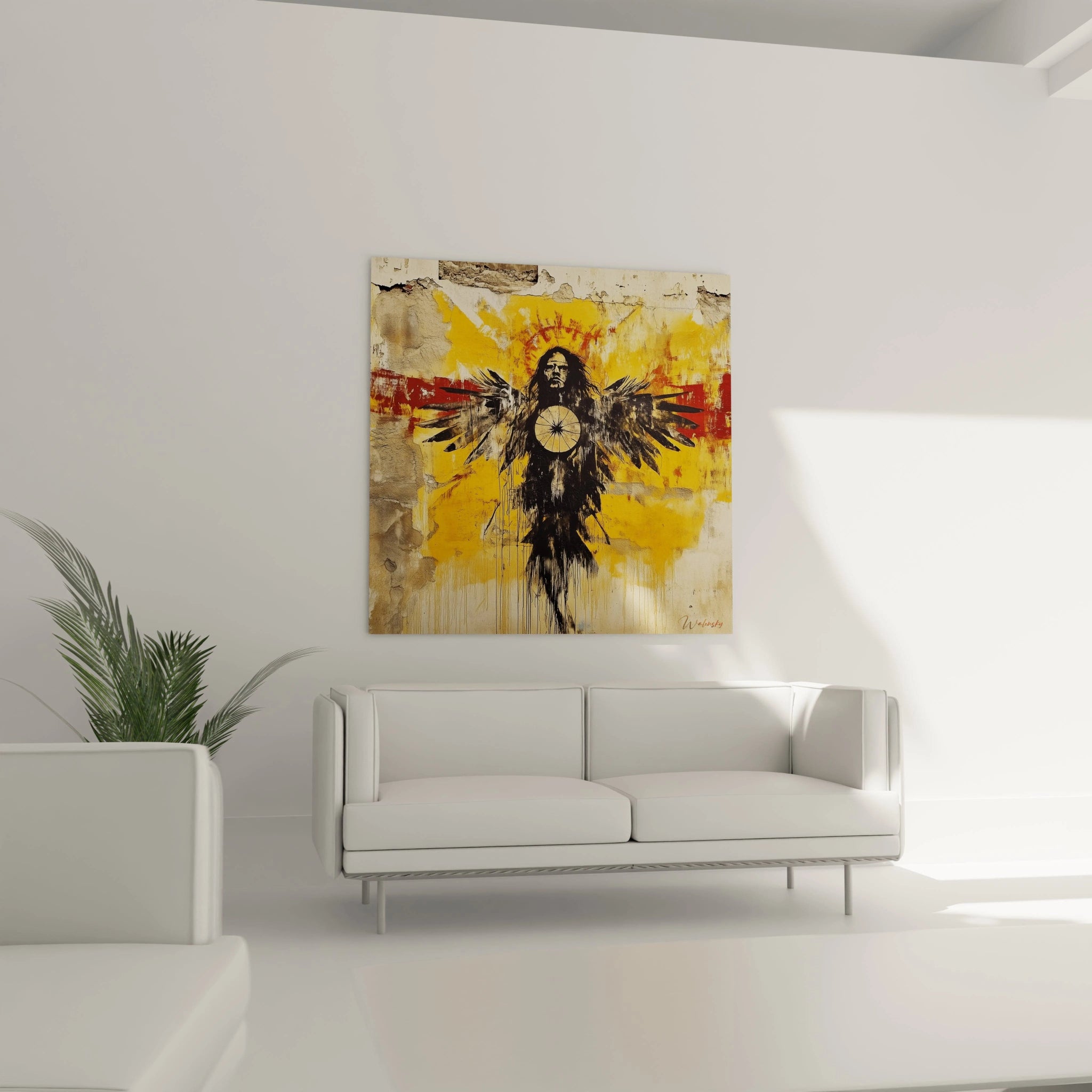 Un tableau mystique présentant une silhouette humaine stylisée avec les bras ouverts, créant une composition cruciforme puissante, peint en noir sur fond jaune doré et beige texturé, avec un cercle énergétique placé au centre du torse.
