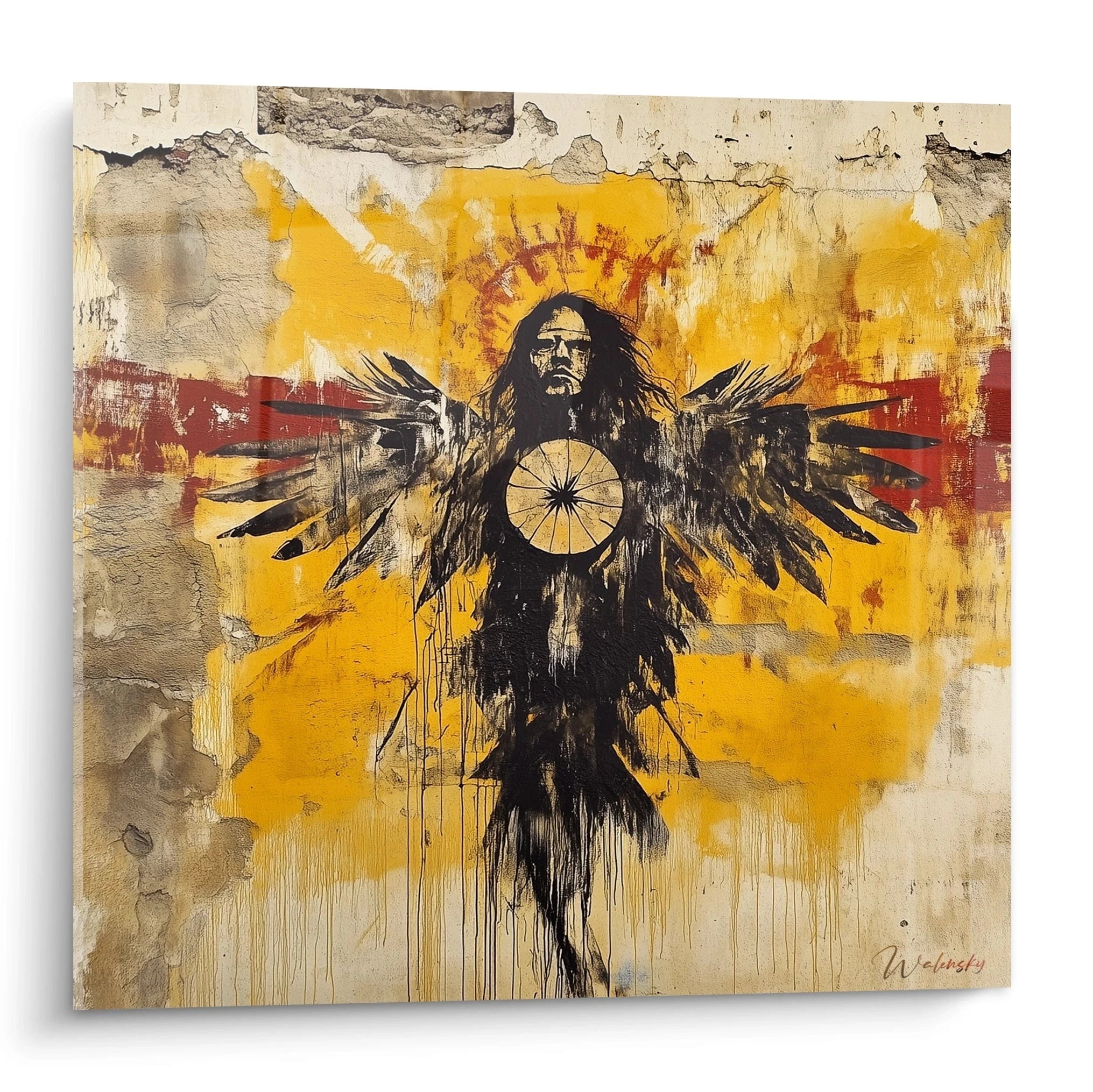 Un tableau street art représentant une silhouette mystique aux bras déployés, avec un cercle solaire sur la poitrine, peint en noir intense sur fond jaune éclatant, avec des textures craquelées et des effets de coulures expressives.
