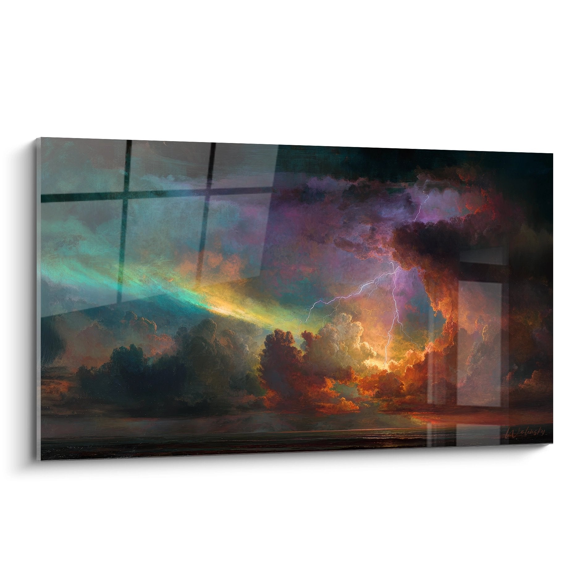 Tableau mural orage spectaculaire avec éclairs violets et nuages colorés au coucher de soleil