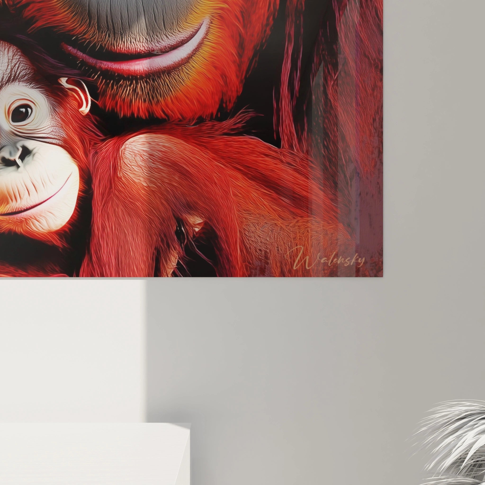 Tableau d'orang-outan Walensky avec peinture détaillée d'une mère et son bébé sur fond rouge