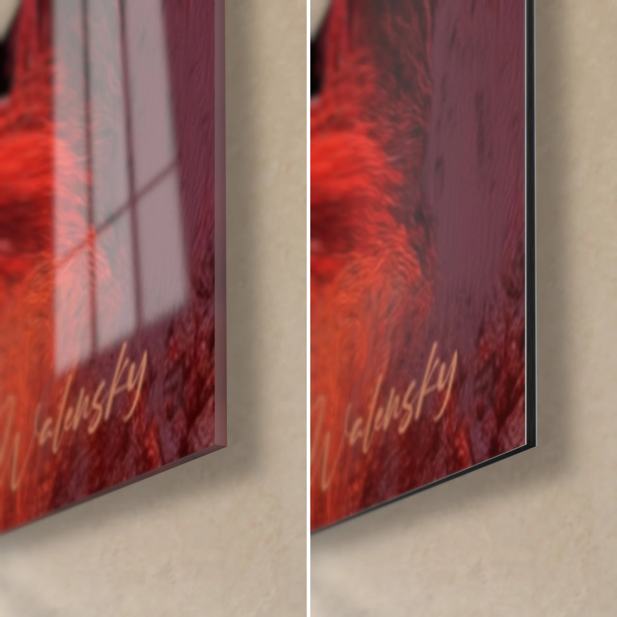 Schilderij roodharige primaat en haar jong, rechtsonder: glanzend acrylglas links, mat zwart Dibond rechts, rand van 3 mm