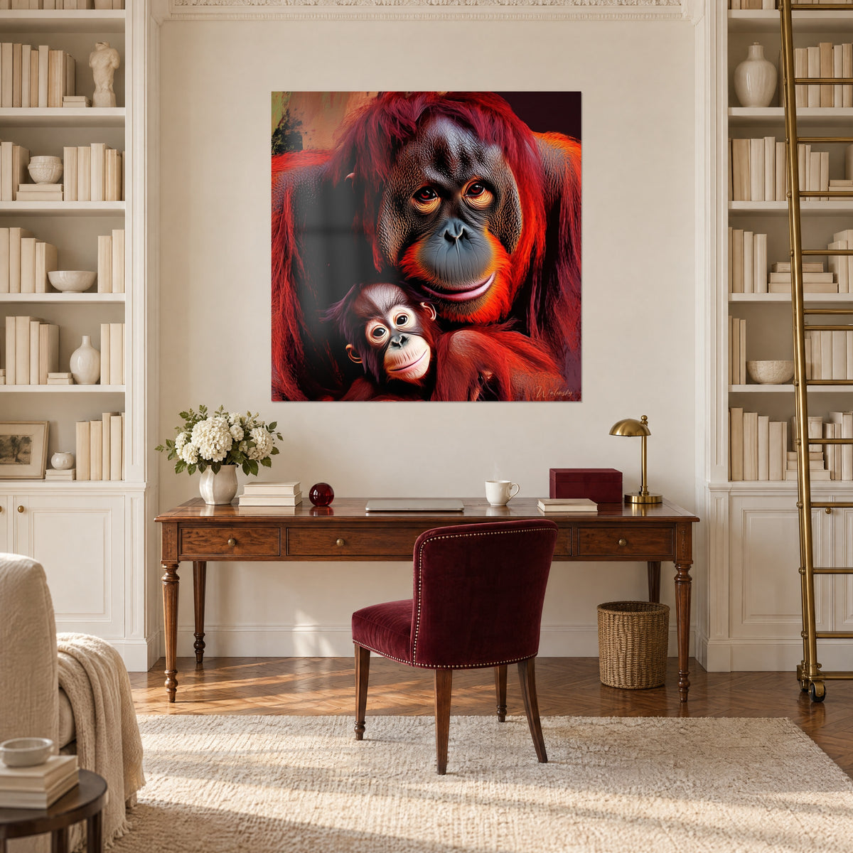 Schilderij simiaans moederschap in levendig rood en diep bruin, amberkleurige blik, tussen crèmekleurige boekenkasten in een kantoor opgehangen