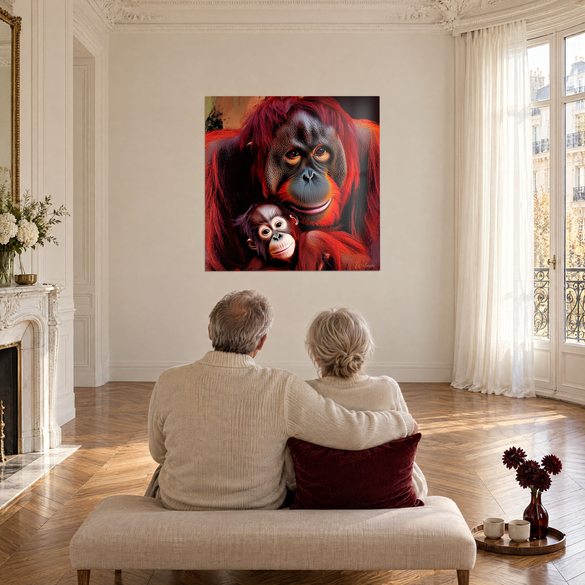 Schilderij oranje orang-oetanmoeder die haar jong met lichtroze snuit knuffelt, oudere koppel van achteren op een bank, visgraatparket