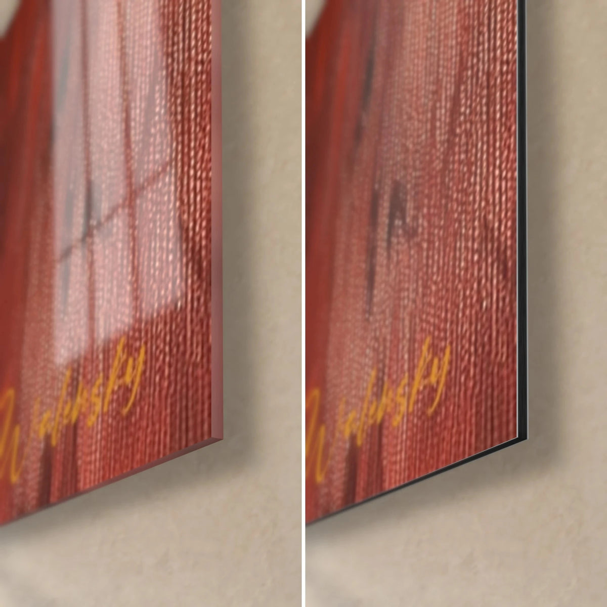 Gemälde rothaariger Primat mit ziegelrotem Fell, untere rechte Ecke aus glänzendem Acrylglas links und mattem Dibond-Aluminium rechts, feine Kante