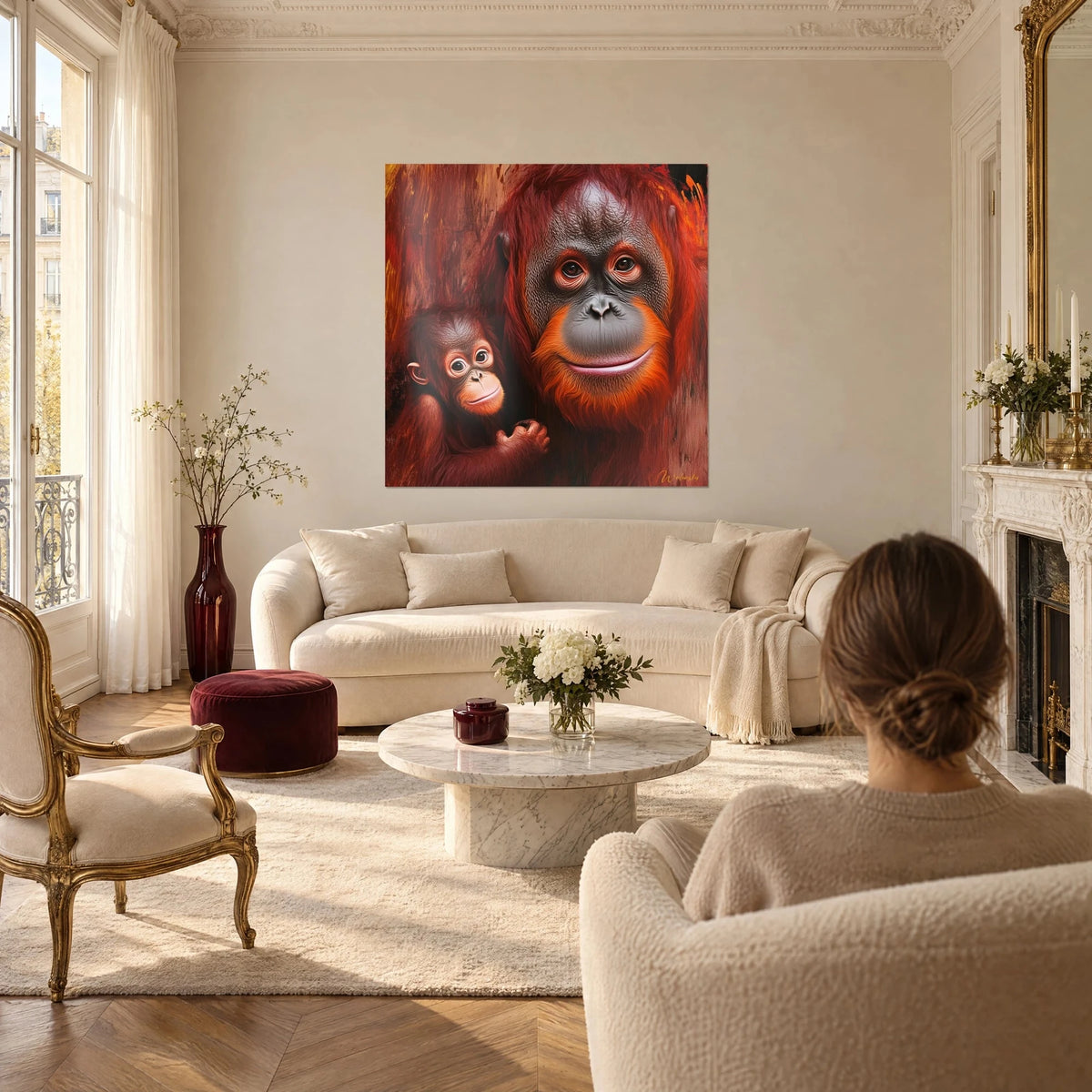 Gemälde Orang-Utan mit seinem Jungen, zottiges rotes und oranges Fell, sanfter Blick, von einem Paar von hinten über einem Sofa in einem hellen Wohnzimmer aufgehängt