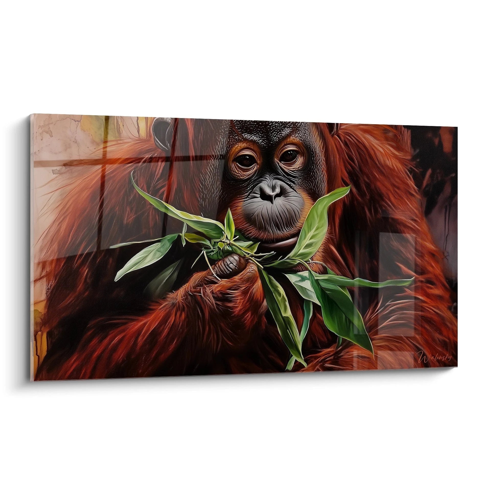 Tableau orang outan Walensky avec image réaliste d'un orang outan tenant des feuilles vertes