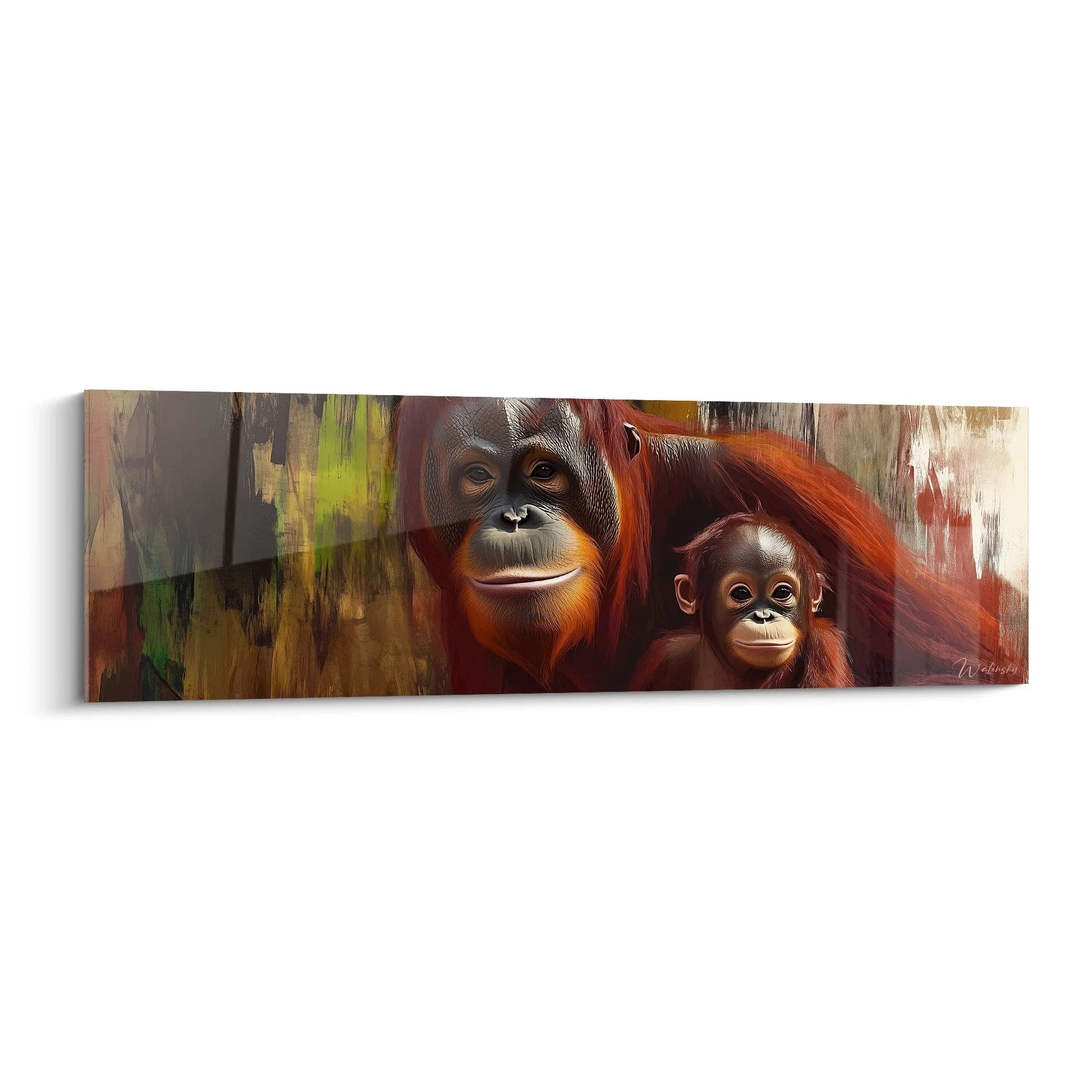 Tableau Walensky orang outan et bébé sur fond artistique abstrait aux couleurs chaudes