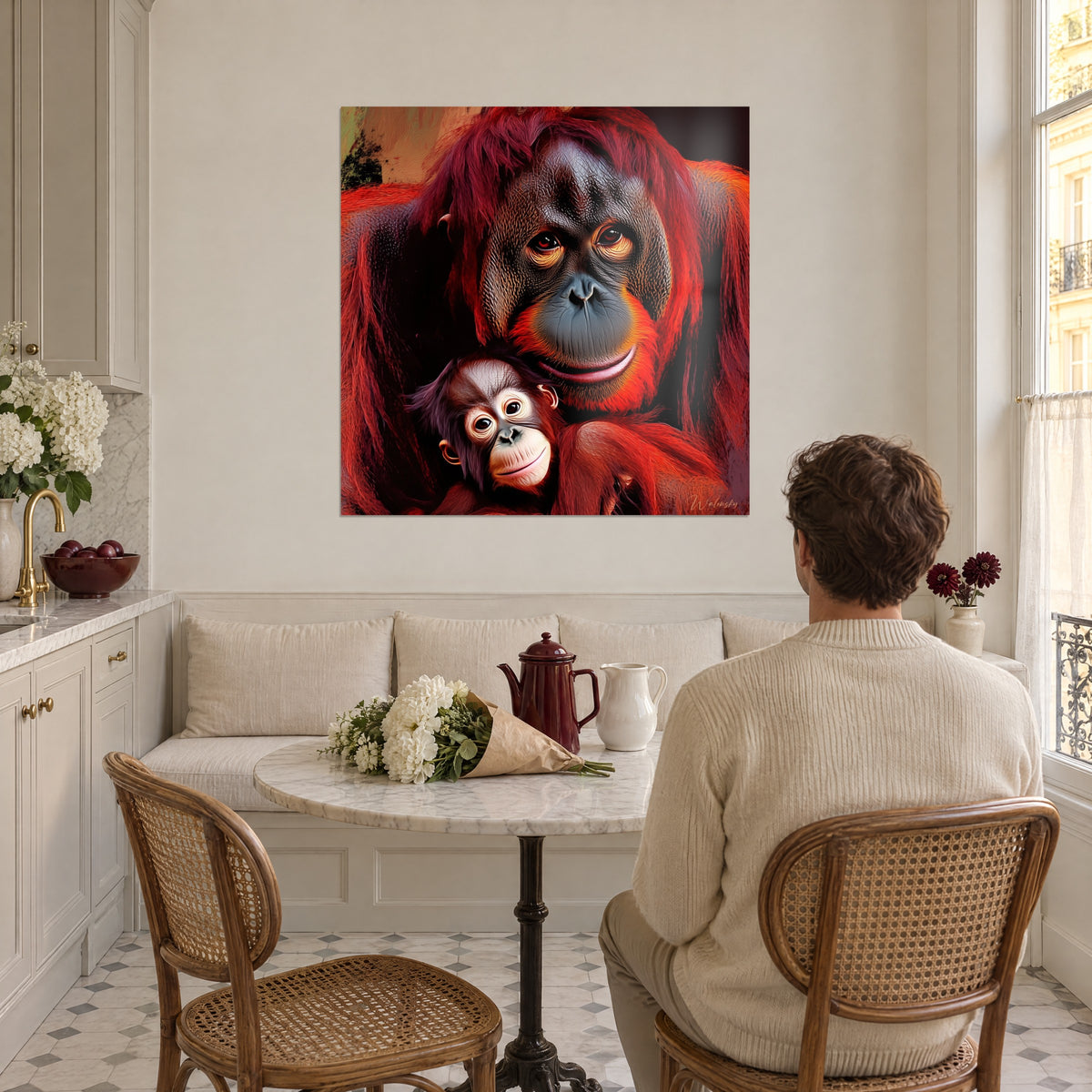 Schilderij teder portret van een scharlakenrode orang-oetanmoeder en haar jong met crèmekleurige wangen, koppel van achteren, marmeren tafel, witte bloemen