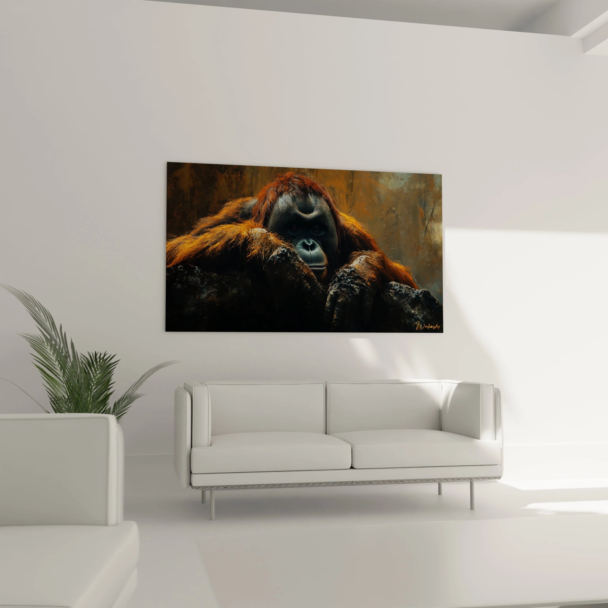 Un tableau orang-outan majestueux capturé dans une pose méditative, ses mains robustes visibles au premier plan. Les couleurs chaudes dominantes - orange, brun et noir - accentuent la présence imposante du primate contre un fond aux teintes sombres et ambrées.
