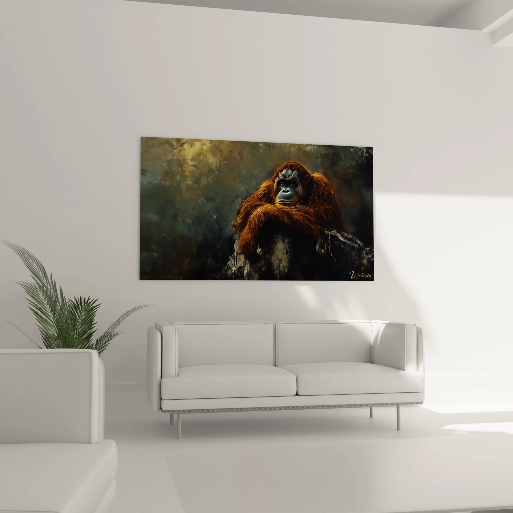 Tableau orang-outan en portrait rapproché montrant la tête et les épaules du primate sur fond abstrait gris-vert. Les détails du pelage auburn brillant et les traits du visage sombre créent un effet de profondeur sur une composition atmosphérique.
