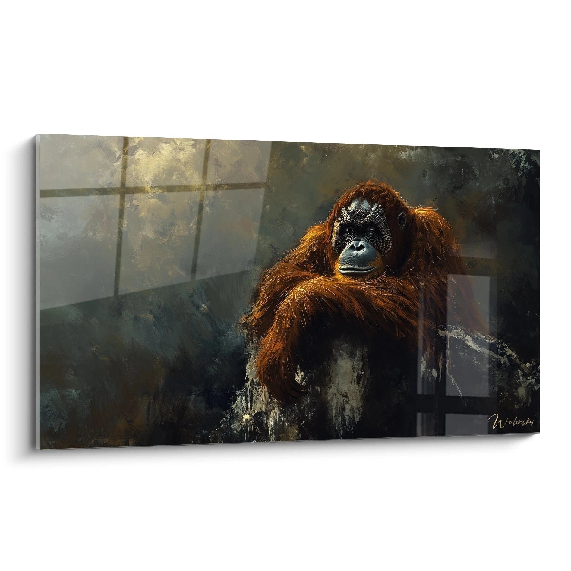 Un tableau orang-outan réaliste présentant un grand singe au pelage roux vif fixant l'observateur avec un regard profond. Fond sombre aux textures brumeuses contrastant avec la fourrure détaillée et la peau noire du visage expressif.
