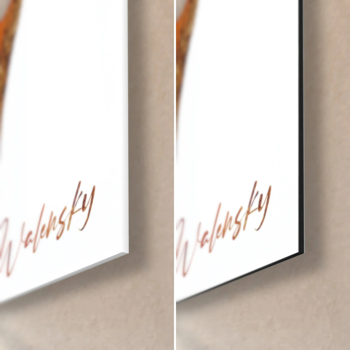 Wall art of a ginger primate, bottom right corner: glossy glass and matte black Dibond, 3 mm edge, copper Walensky signature
