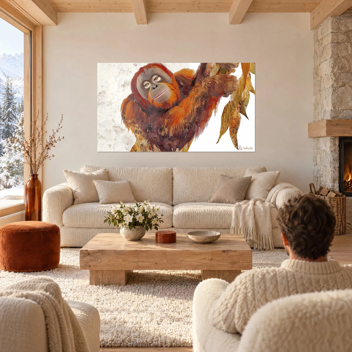 Wall art of a ginger orangutan with a gentle gaze, orange and burgundy fur, golden leaves, above a sofa in a bright living room
